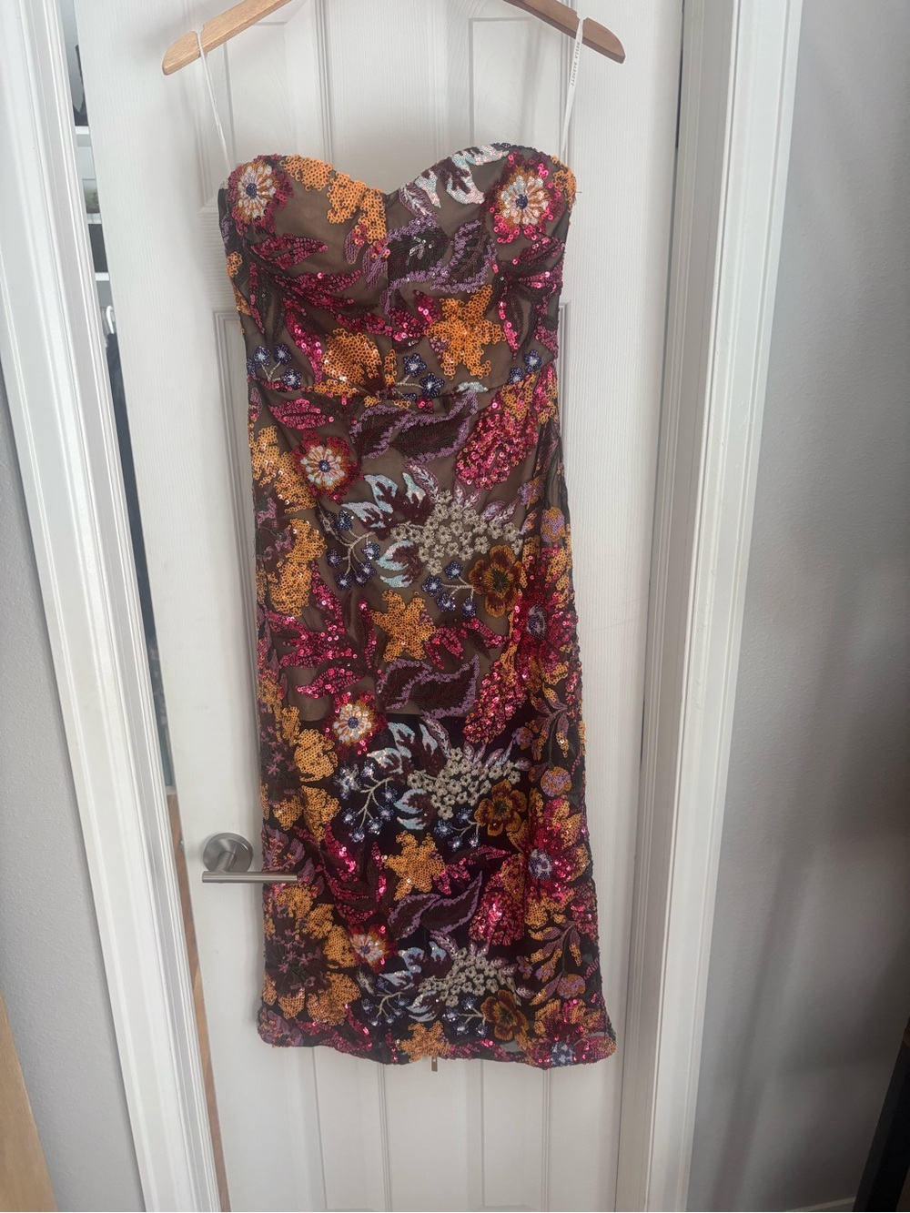 Strapless Floral Sequin Midi Dress in Brown and Pink